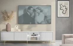 Meuble TV 3 portes blanc LED 175 cm pieds dorés BELLO