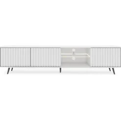 Meuble TV 3 portes blanc mat LED 175 cm pieds noirs BELLO