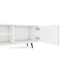 Meuble TV 3 portes blanc mat LED 175 cm pieds noirs BELLO