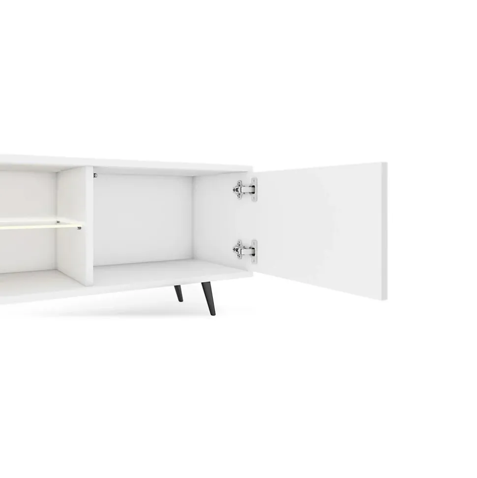 Meuble TV 3 portes blanc mat LED 175 cm pieds noirs BELLO