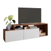 Meuble TV 50 Pouces - ACTUAL DIFFUSION - 2 Abattants - Blanc et Châtaignier - L 164 x H 46.5 cm