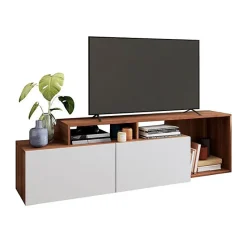 Meuble TV 50 Pouces - ACTUAL DIFFUSION - 2 Abattants - Blanc et Châtaignier - L 164 x H 46.5 cm