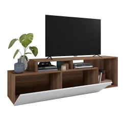 Meuble TV 50 Pouces - ACTUAL DIFFUSION - 2 Abattants - Blanc et Châtaignier - L 164 x H 46.5 cm