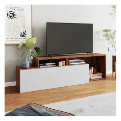 Meuble TV 50 Pouces - ACTUAL DIFFUSION - 2 Abattants - Blanc et Châtaignier - L 164 x H 46.5 cm
