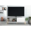 Meuble TV 65 Pouces Blanc 1 Porte Coulissante 2 Niches - L 140 x l 35 x H 49.5 cm