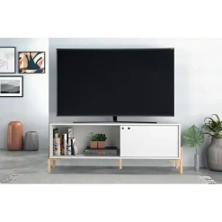 Meuble TV 65 Pouces Blanc 1 Porte Coulissante 2 Niches - L 140 x l 35 x H 49.5 cm