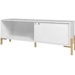 Meuble TV 65 Pouces Blanc 1 Porte Coulissante 2 Niches - L 140 x l 35 x H 49.5 cm