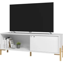 Meuble TV 65 Pouces Blanc 1 Porte Coulissante 2 Niches - L 140 x l 35 x H 49.5 cm