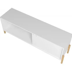 Meuble TV 65 Pouces Blanc 1 Porte Coulissante 2 Niches - L 140 x l 35 x H 49.5 cm