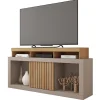 Meuble TV 55 Pouces Chêne et Gris 1 Porte 6 Roulettes L 136 H 74 P 39 cm - L 136 x l 39 x H 74 cm