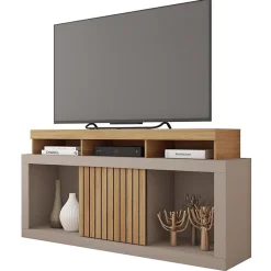 Meuble TV 55 Pouces Chêne et Gris 1 Porte 6 Roulettes L 136 H 74 P 39 cm - L 136 x l 39 x H 74 cm
