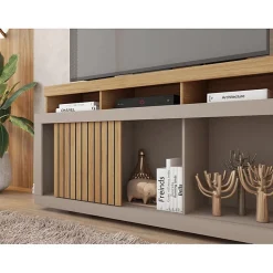 Meuble TV 55 Pouces Chêne et Gris 1 Porte 6 Roulettes L 136 H 74 P 39 cm - L 136 x l 39 x H 74 cm