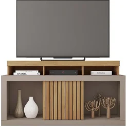 Meuble TV 55 Pouces Chêne et Gris 1 Porte 6 Roulettes L 136 H 74 P 39 cm - L 136 x l 39 x H 74 cm