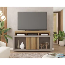 Meuble TV 55 Pouces Chêne et Gris 1 Porte 6 Roulettes L 136 H 74 P 39 cm - L 136 x l 39 x H 74 cm