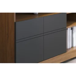 Meuble TV 65 Pouces Chêne et Anthracite 2 Portes 6 Niches Roulettes L 160 H 68 P 37.4 cm - L 160 x l 37.4 x H 68 cm