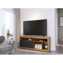 Meuble TV 65 Pouces Chêne et Anthracite 2 Portes 6 Niches Roulettes L 160 H 68 P 37.4 cm - L 160 x l 37.4 x H 68 cm