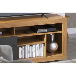 Meuble TV 65 Pouces Chêne et Anthracite 2 Portes 6 Niches Roulettes L 160 H 68 P 37.4 cm - L 160 x l 37.4 x H 68 cm