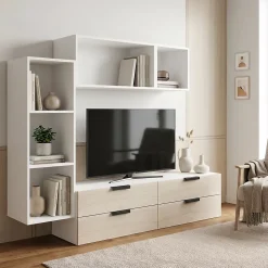 Meuble TV 4 tiroirs blanc et effet chêne GoodHome Atomia H. 150 x L. 225 x P. 37 cm