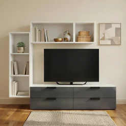 Meuble TV 4 tiroirs blanc et anthracite brillant GoodHome Atomia H. 150 x L. 225 x P. 37 cm