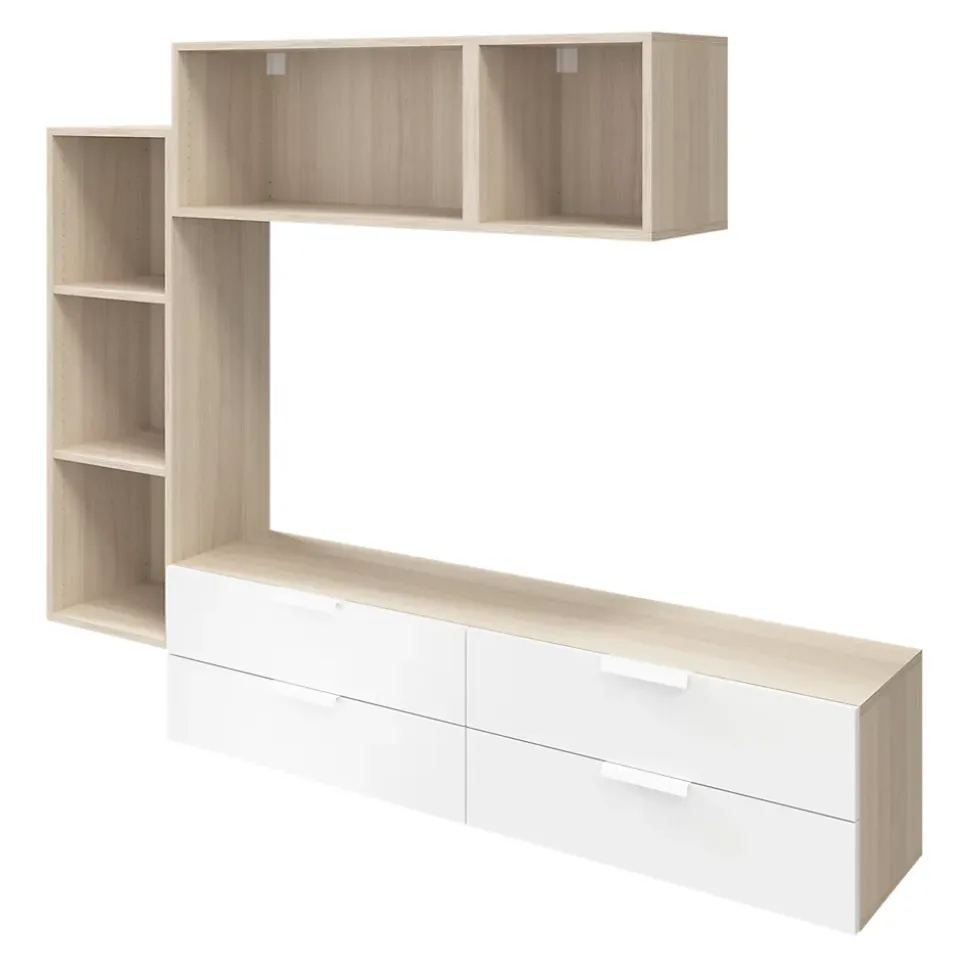Meuble TV 4 tiroirs effet chêne et blanc GoodHome Atomia H. 150 x L. 225 x P. 37 cm