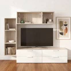 Meuble TV 4 tiroirs effet chêne et blanc GoodHome Atomia H. 150 x L. 225 x P. 37 cm