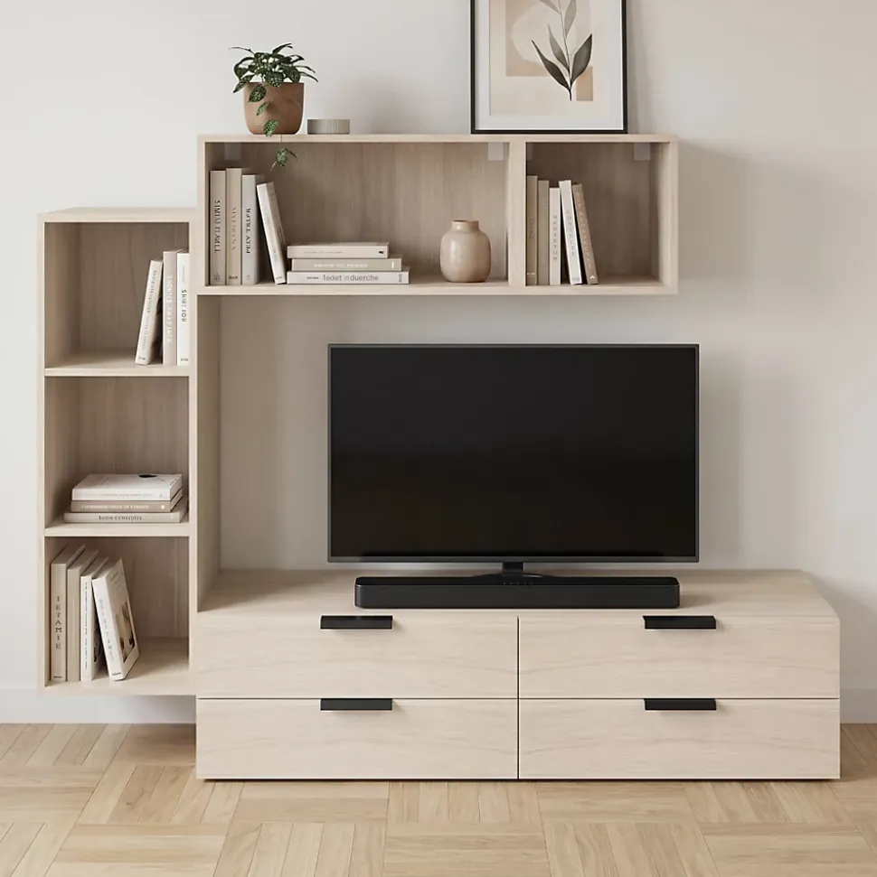 Meuble TV 4 tiroirs effet chêne GoodHome Atomia H. 150 x L. 225 x P. 37 cm