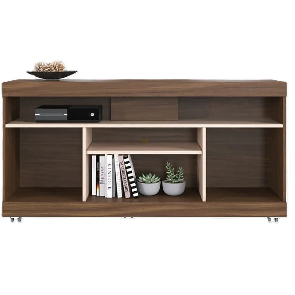 Meuble TV - YARA - 47 Pouces - Imitation Noyer et Blanc - 2 Portes - 5 Niches - 6 Roulettes