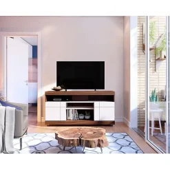 Meuble TV - YARA - 47 Pouces - Imitation Noyer et Blanc - 2 Portes - 5 Niches - 6 Roulettes