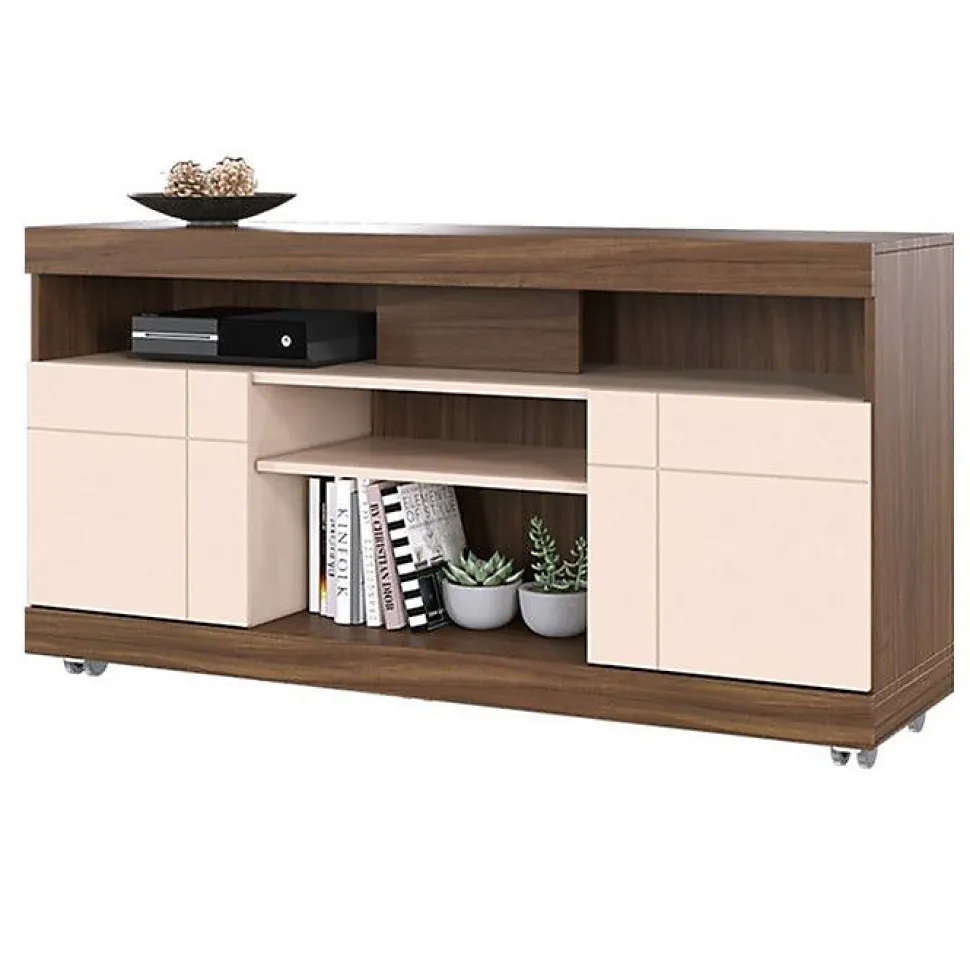 Meuble TV - YARA - 47 Pouces - Imitation Noyer et Blanc - 2 Portes - 5 Niches - 6 Roulettes