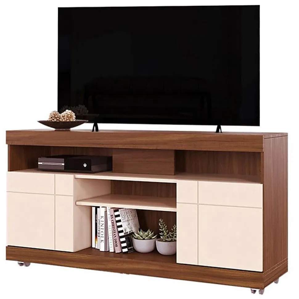 Meuble TV - YARA - 47 Pouces - Imitation Noyer et Blanc - 2 Portes - 5 Niches - 6 Roulettes