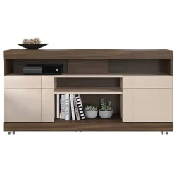 Meuble TV - YARA - 47 Pouces - Imitation Noyer et Blanc - 2 Portes - 5 Niches - 6 Roulettes