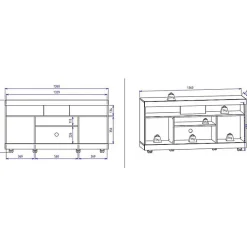 Meuble TV - YARA - 47 Pouces - Imitation Noyer et Blanc - 2 Portes - 5 Niches - 6 Roulettes