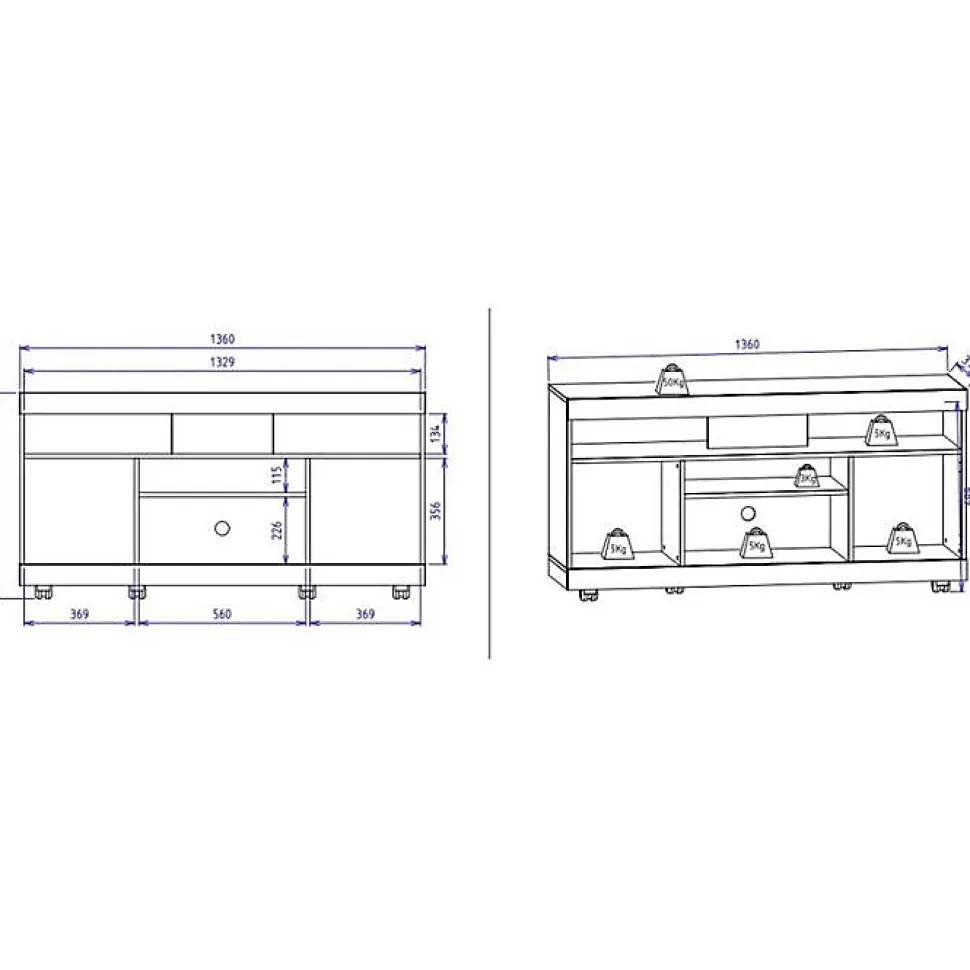 Meuble TV - YARA - 47 Pouces - Imitation Noyer et Blanc - 2 Portes - 5 Niches - 6 Roulettes