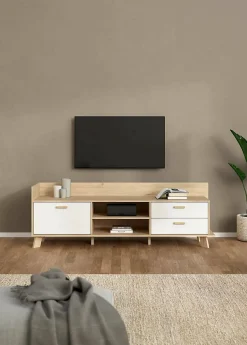 Meuble TV Agathis, Buffet de salon, Armoire basse pour TV, Base murale de rangement, 182x51 h62 cm, Chêne clair et Blanc