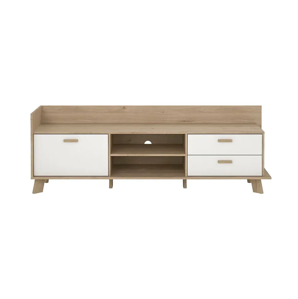 Meuble TV Agathis, Buffet de salon, Armoire basse pour TV, Base murale de rangement, 182x51 h62 cm, Chêne clair et Blanc