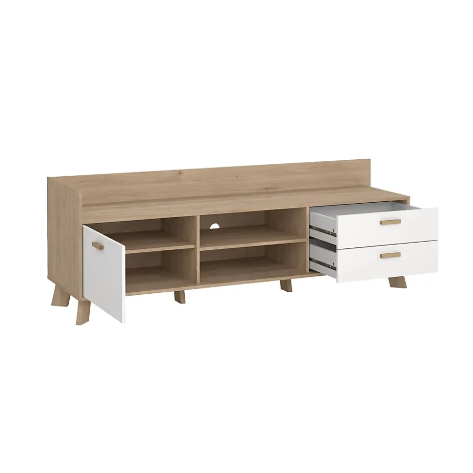 Meuble TV Agathis, Buffet de salon, Armoire basse pour TV, Base murale de rangement, 182x51 h62 cm, Chêne clair et Blanc