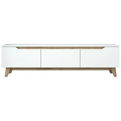 Meuble TV Apatite, Buffet de salon, Armoire basse pour TV, Base murale de rangement, 180x35h49 cm, Blanc et Noyer