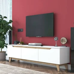 Meuble TV Apatite, Buffet de salon, Armoire basse pour TV, Base murale de rangement, 180x35h49 cm, Blanc et Noyer