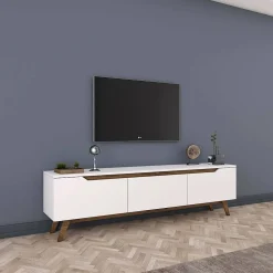 Meuble TV Apatite, Buffet de salon, Armoire basse pour TV, Base murale de rangement, 180x35h49 cm, Blanc et Noyer