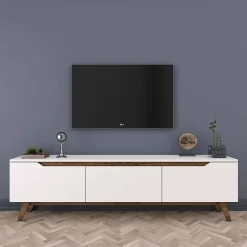 Meuble TV Apatite, Buffet de salon, Armoire basse pour TV, Base murale de rangement, 180x35h49 cm, Blanc et Noyer