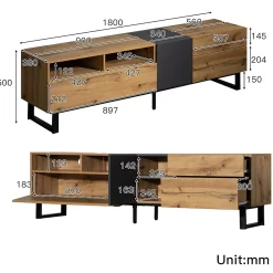 Meuble TV avec 2 Compartiments ouverts et 2 Tiroirs - MDF et Métal - 180x38x50 cm - Naturel