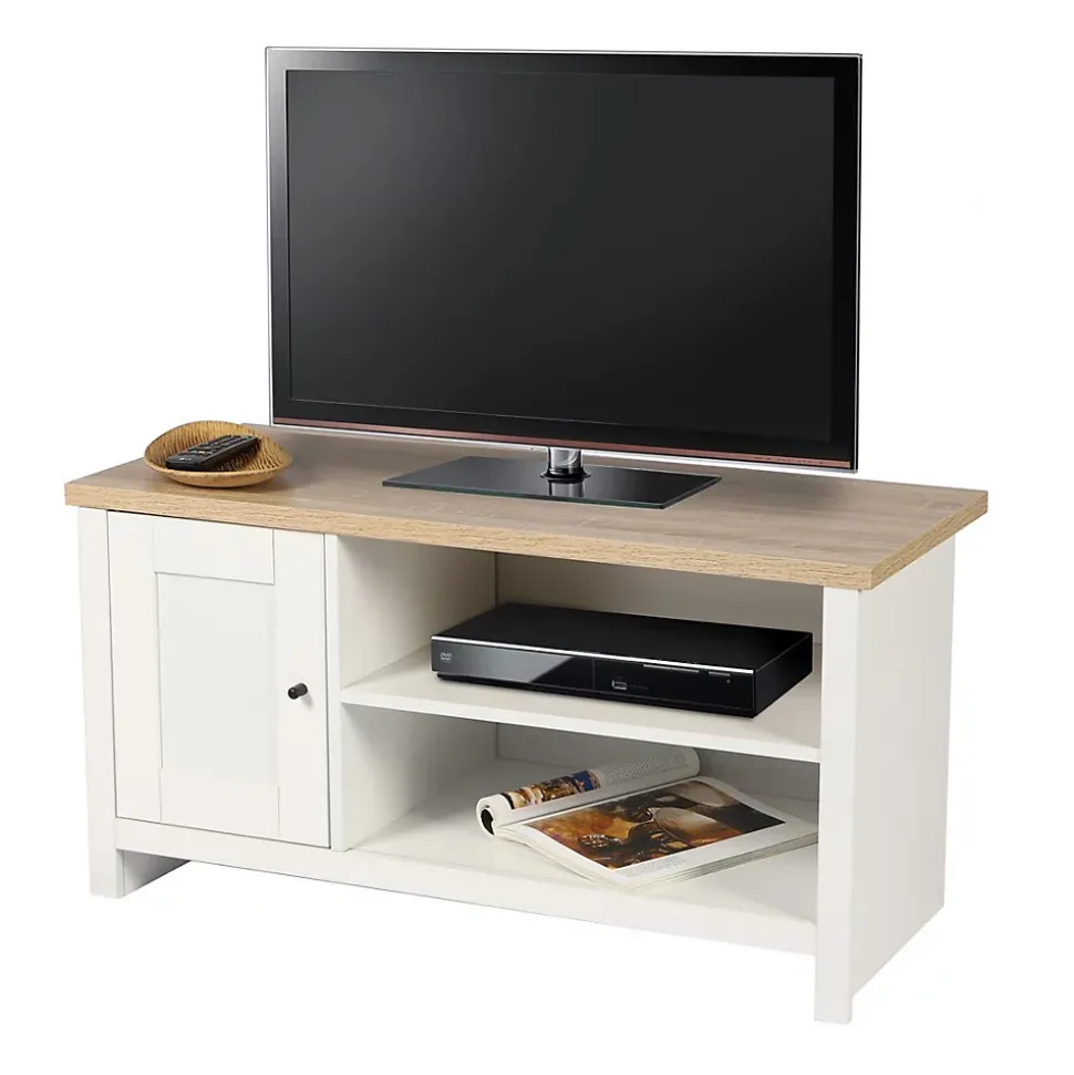 Meuble TV avec 2 niches et 1 porte design colonial 95x40xH49 cm, coloris blanc et plateau chene clair Collection MADERA