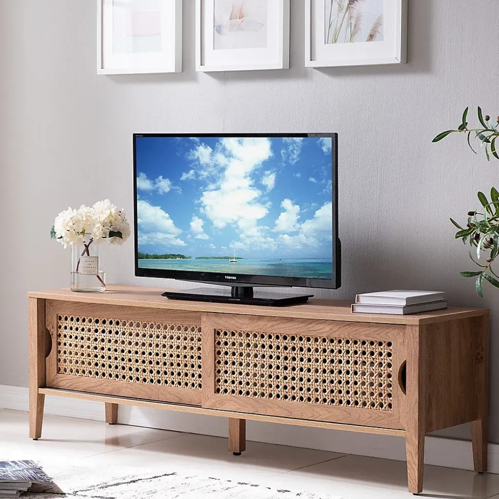 Meuble TV avec 2 Portes Coulissantes Décor Rotin - L138 cm