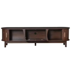 Meuble TV avec 2 portes coulissantes et 1 porte battante centrale, structure MDF à 5 pieds, 165x39,5x46 cm, brun
