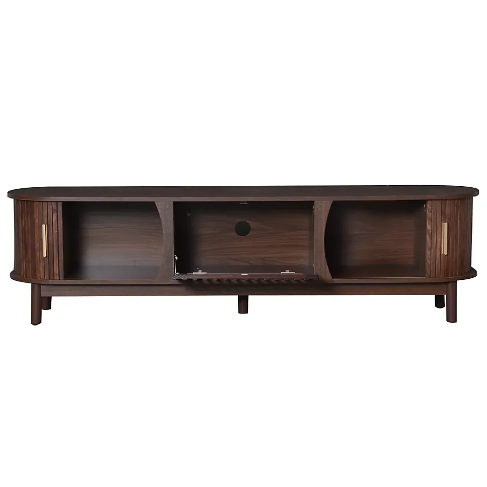 Meuble TV avec 2 portes coulissantes et 1 porte battante centrale, structure MDF à 5 pieds, 165x39,5x46 cm, brun