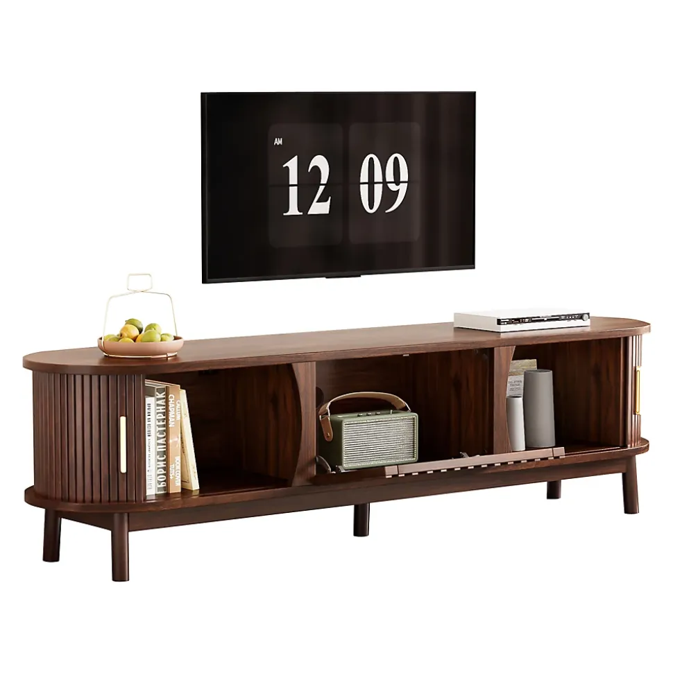 Meuble TV avec 2 portes coulissantes et 1 porte battante centrale, structure MDF à 5 pieds, 165x39,5x46 cm, brun