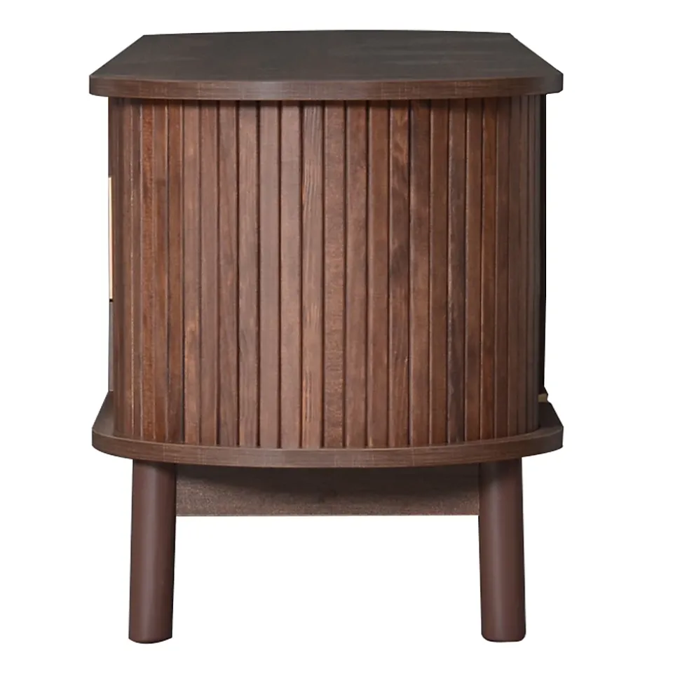 Meuble TV avec 2 portes coulissantes et 1 porte battante centrale, structure MDF à 5 pieds, 165x39,5x46 cm, brun