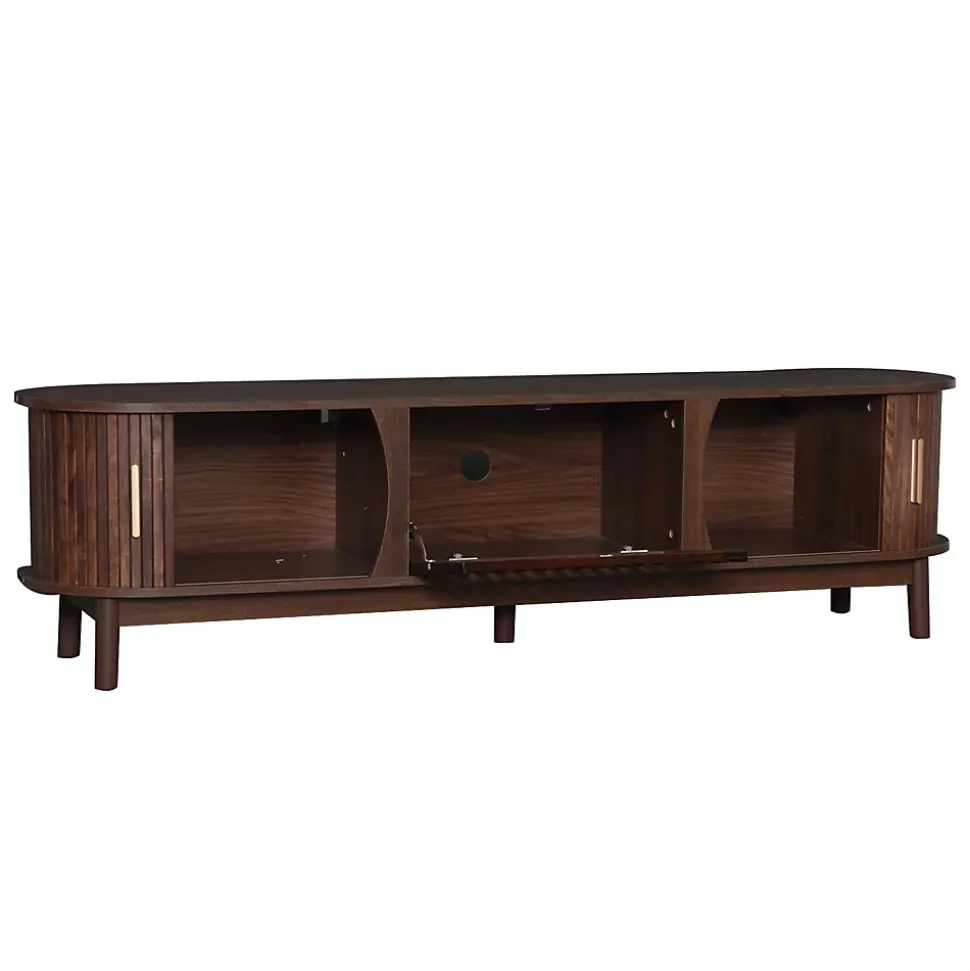 Meuble TV avec 2 portes coulissantes et 1 porte battante centrale, structure MDF à 5 pieds, 165x39,5x46 cm, brun
