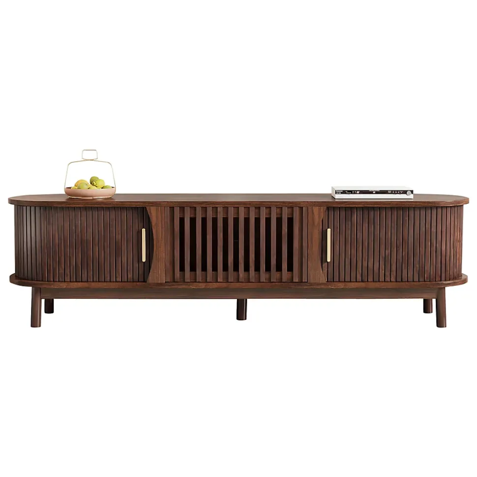 Meuble TV avec 2 portes coulissantes et 1 porte battante centrale, structure MDF à 5 pieds, 165x39,5x46 cm, brun