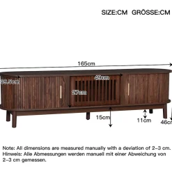 Meuble TV avec 2 portes coulissantes et 1 porte battante centrale, structure MDF à 5 pieds, 165x39,5x46 cm, brun